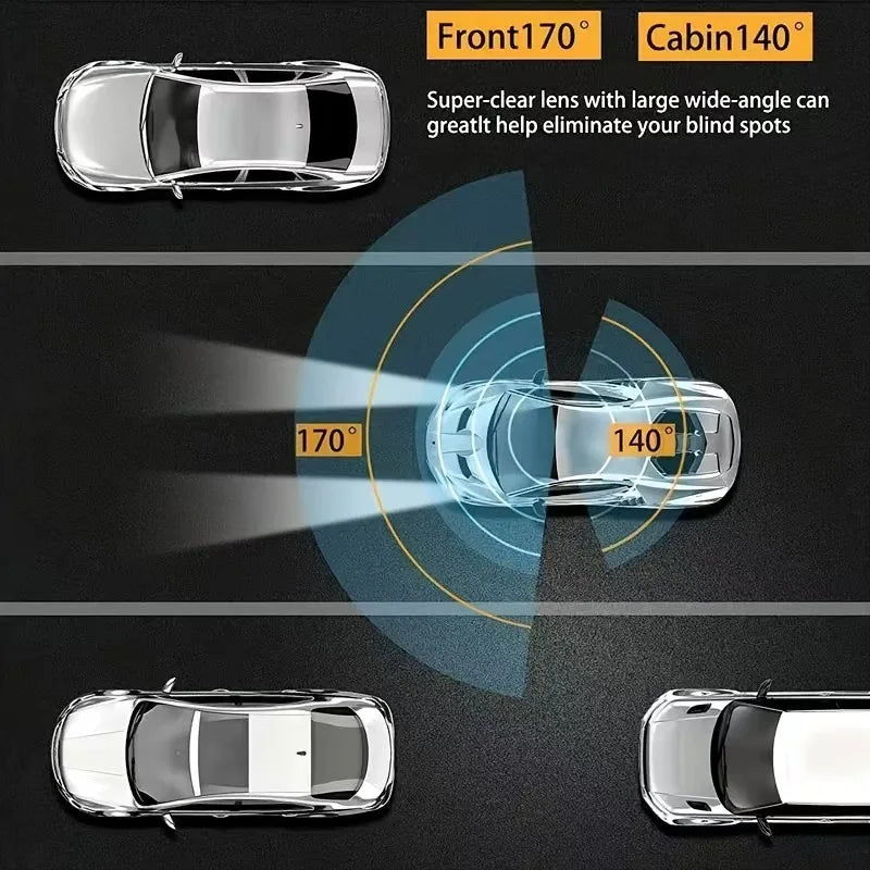 Gros plan d'une caméra de bord de voiture à objectif clair montrant un champ de vision de 170 et 140 degrés.