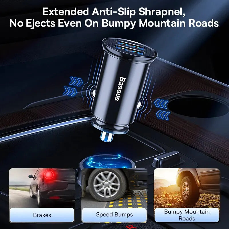 A close-up of a Baseus extended anti-slip shrapnel product designed for car use, shown with various vehicle contexts.
