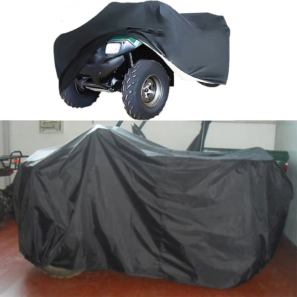 A black heavy duty protective cover is placed over an ATV or quad bike.