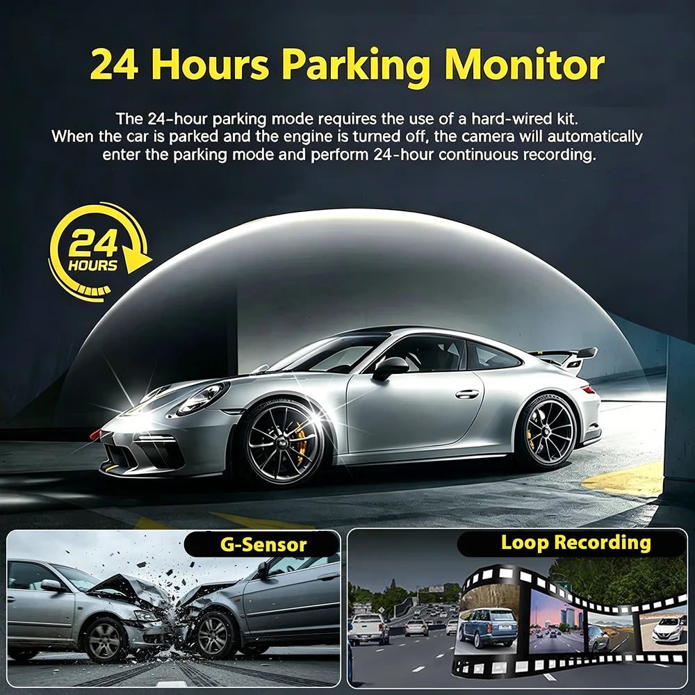 A silver Porsche sports car is shown in a dark setting, demonstrating the 24-hour parking monitoring feature.