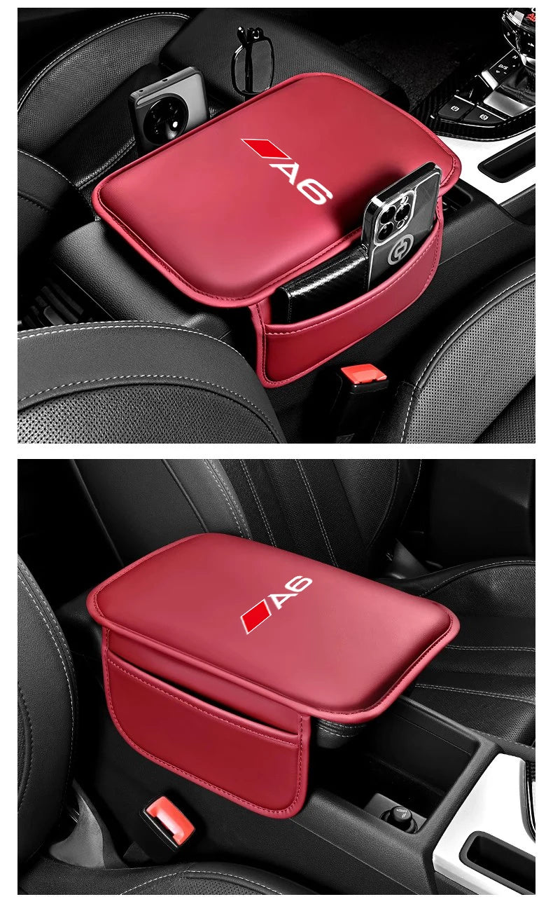 A red leather car armrest protector mat with storage pockets is shown inside a car interior.
