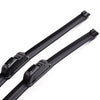 A pair of black universal car wiper blades for all-weather performance.