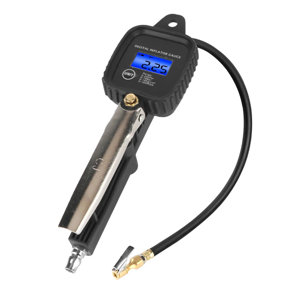 A digital inflator gauge with an LCD display and a flexible hose is shown.