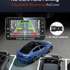 A blue Tesla is shown with a 3-inch IPS screen displaying a view from a 2.5K rear camera for hard parking assistance.