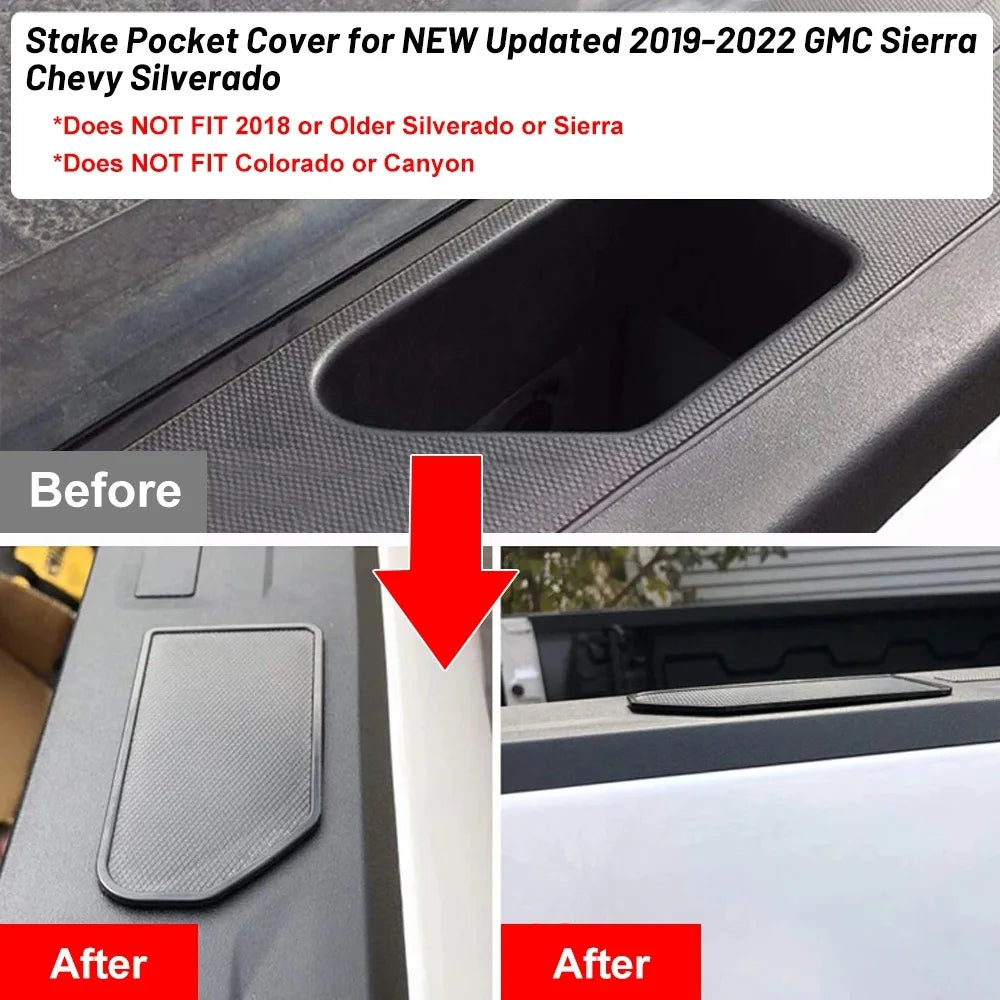 Before and after comparison of a stake pocket cover for a GMC Sierra Chevy Silverado truck bed rail hole.