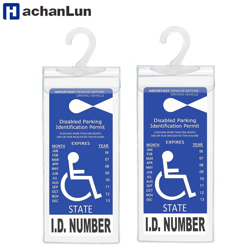 A transparent license plate holder with a hanging strap displaying a disabled parking identification permit.
