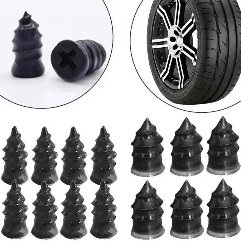 A set of black tire repair nails and related tools for fixing punctures in tires.