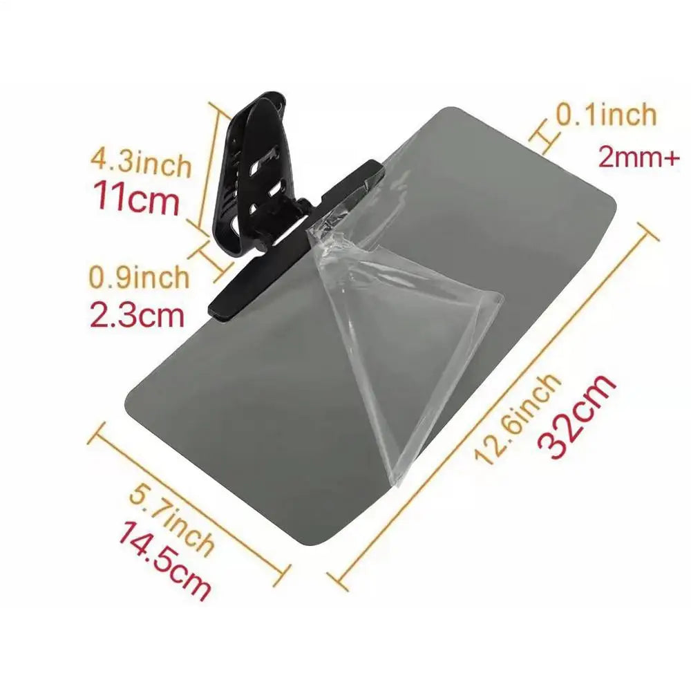 Extensor de visera gris para coche con clip de montaje negro y cubierta de plástico transparente, mostrando sus dimensiones.