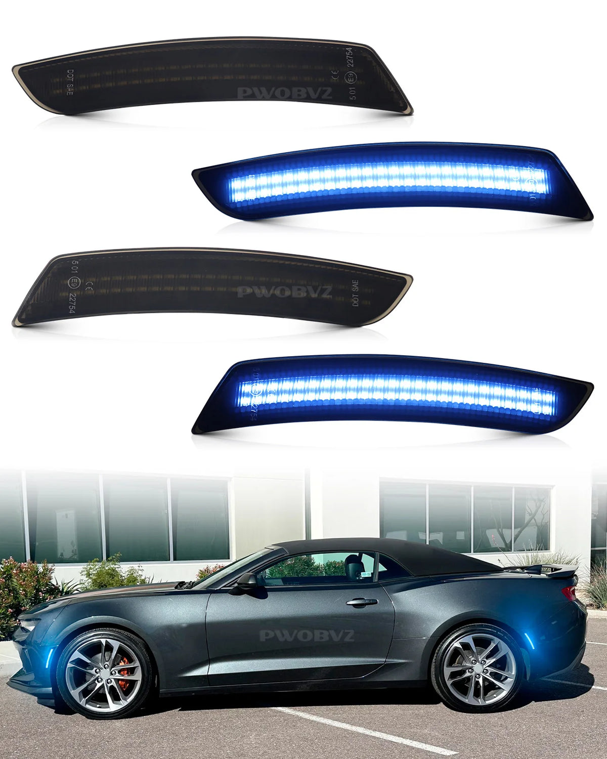 Blue LED turn signal lights installed on a dark blue Camaro.