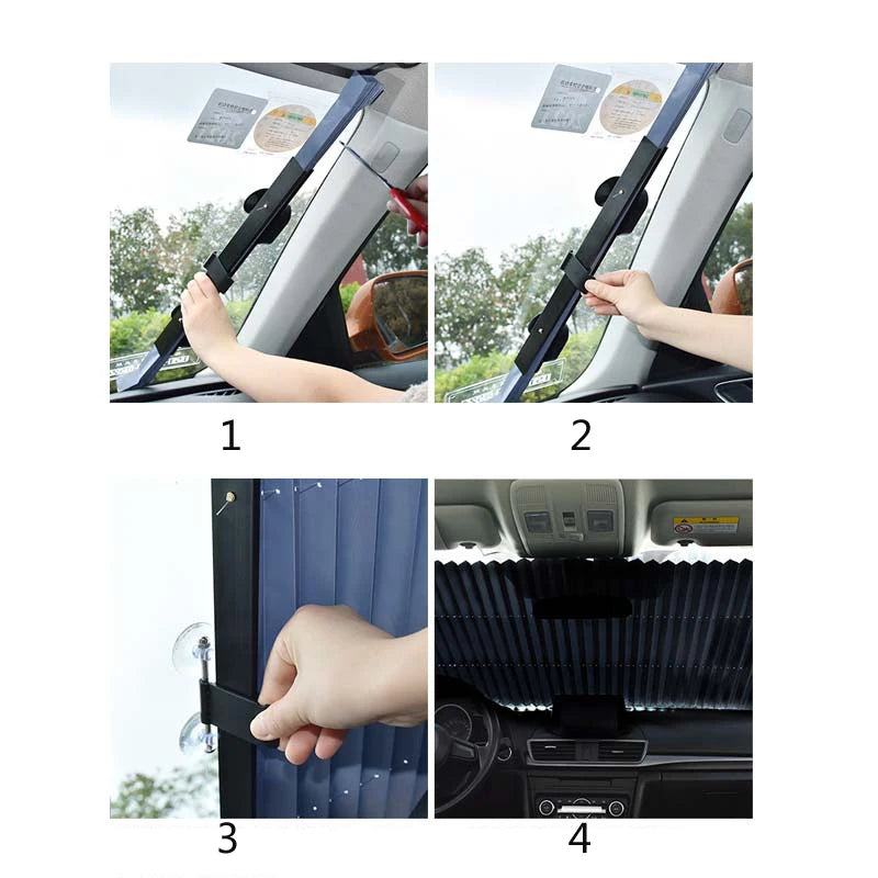 Images montrant l'installation et l'utilisation d'un pare-soleil rétractable pour pare-brise de voiture à protection UV.