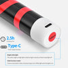 A black and red flexible USB rechargeable LED work light with a white end cap, showing its features.