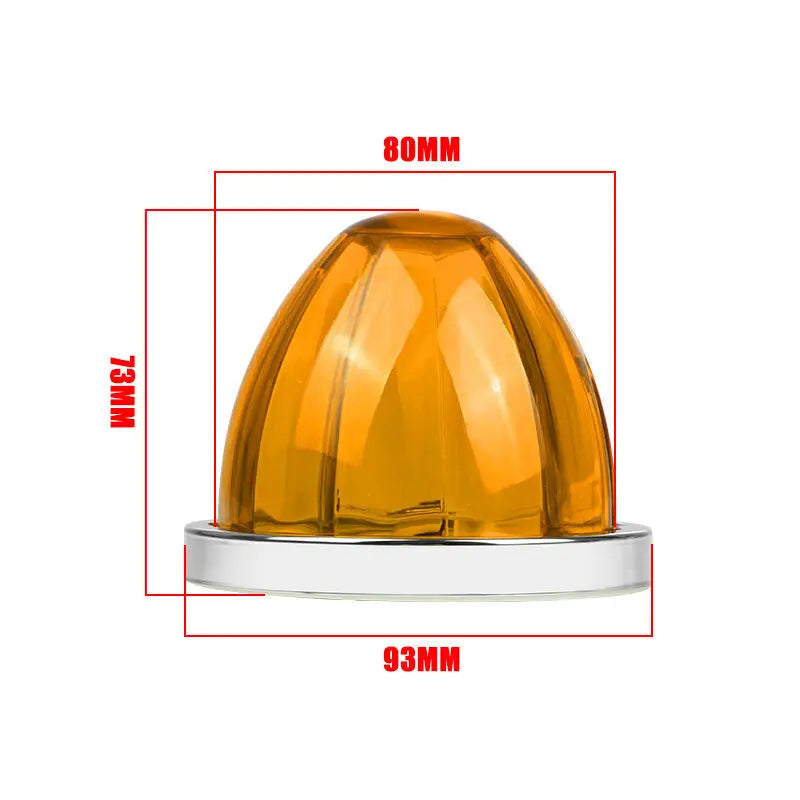 A yellow, conical LED marker strobe light with a silver base and dimensions marked.