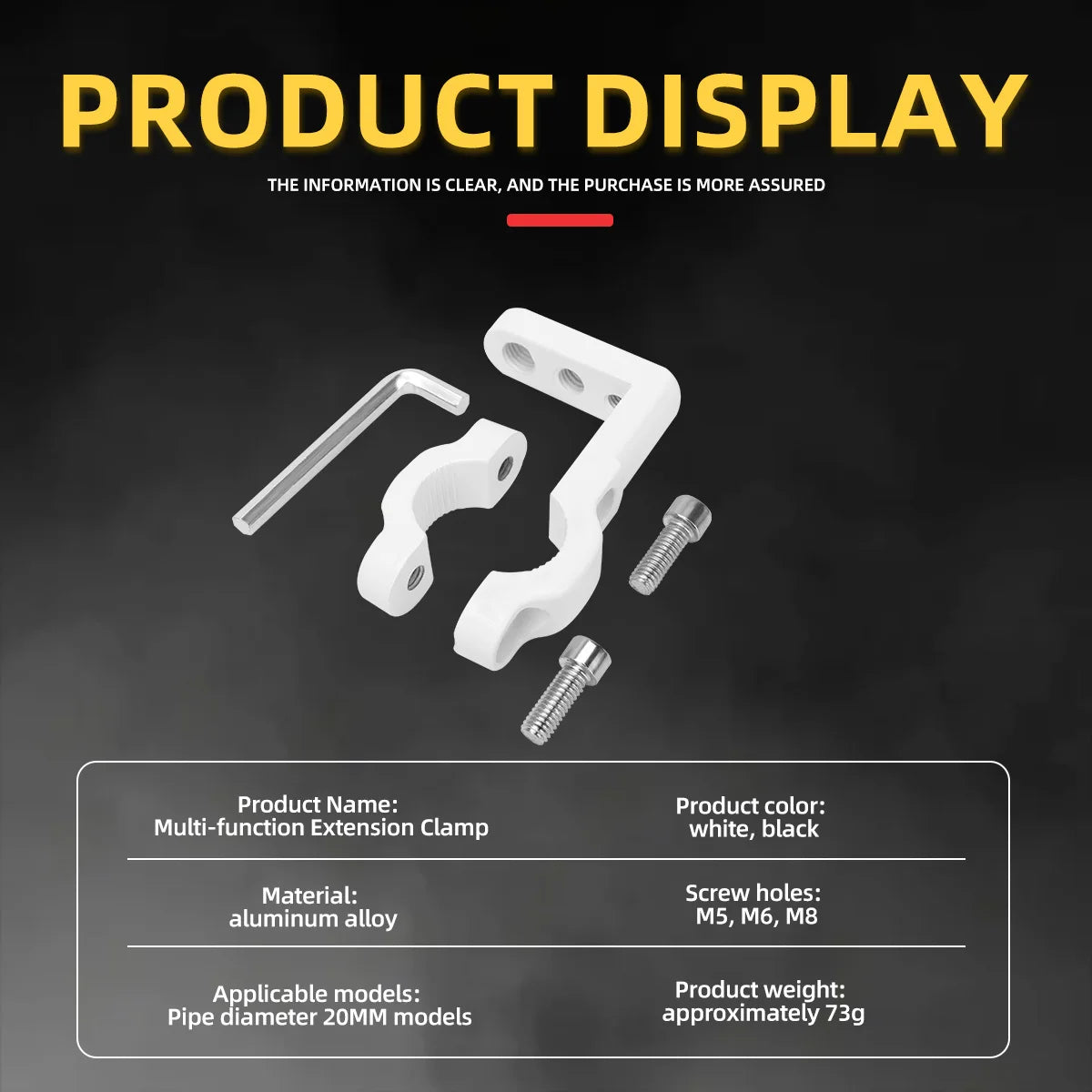 A display of a multi-function extension clamp made of aluminum alloy with various screws and mounting brackets.
