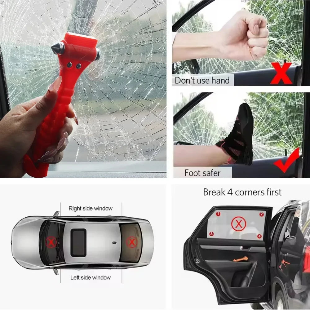 A hand uses a red heavy-duty emergency window breaker to break glass, with warnings against using the hand and showing how to