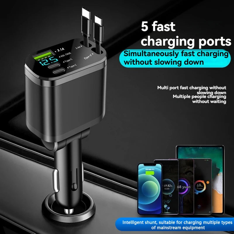 A black universal car charger with five fast charging ports is shown next to several smartphones.