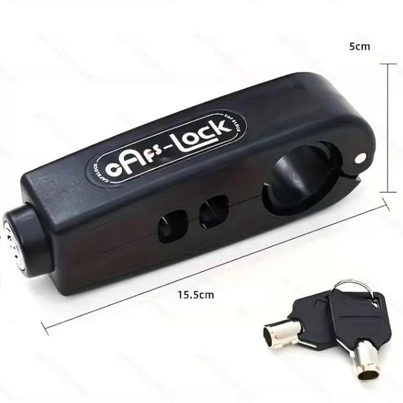 A black universal motorcycle handlebar security lock with a key and lock mechanism.