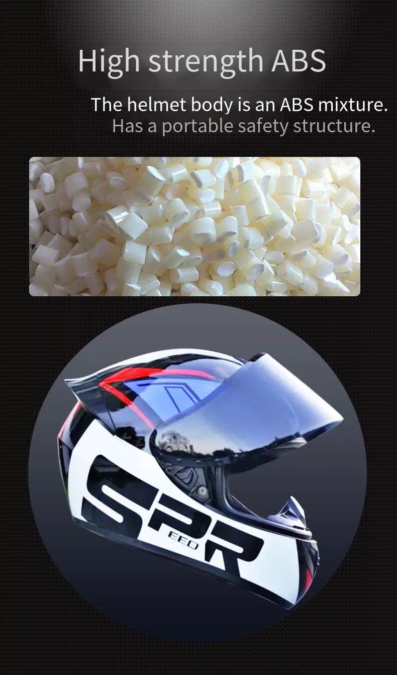 Close-up of white ABS mixture material used in helmet construction next to a black and red racing-style helmet.