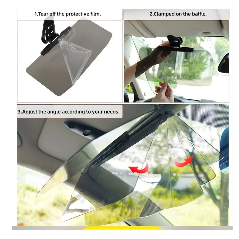 Instructions show how to tear off a protective film, clamp the visor onto the baffle, and adjust the angle for the car sun vi