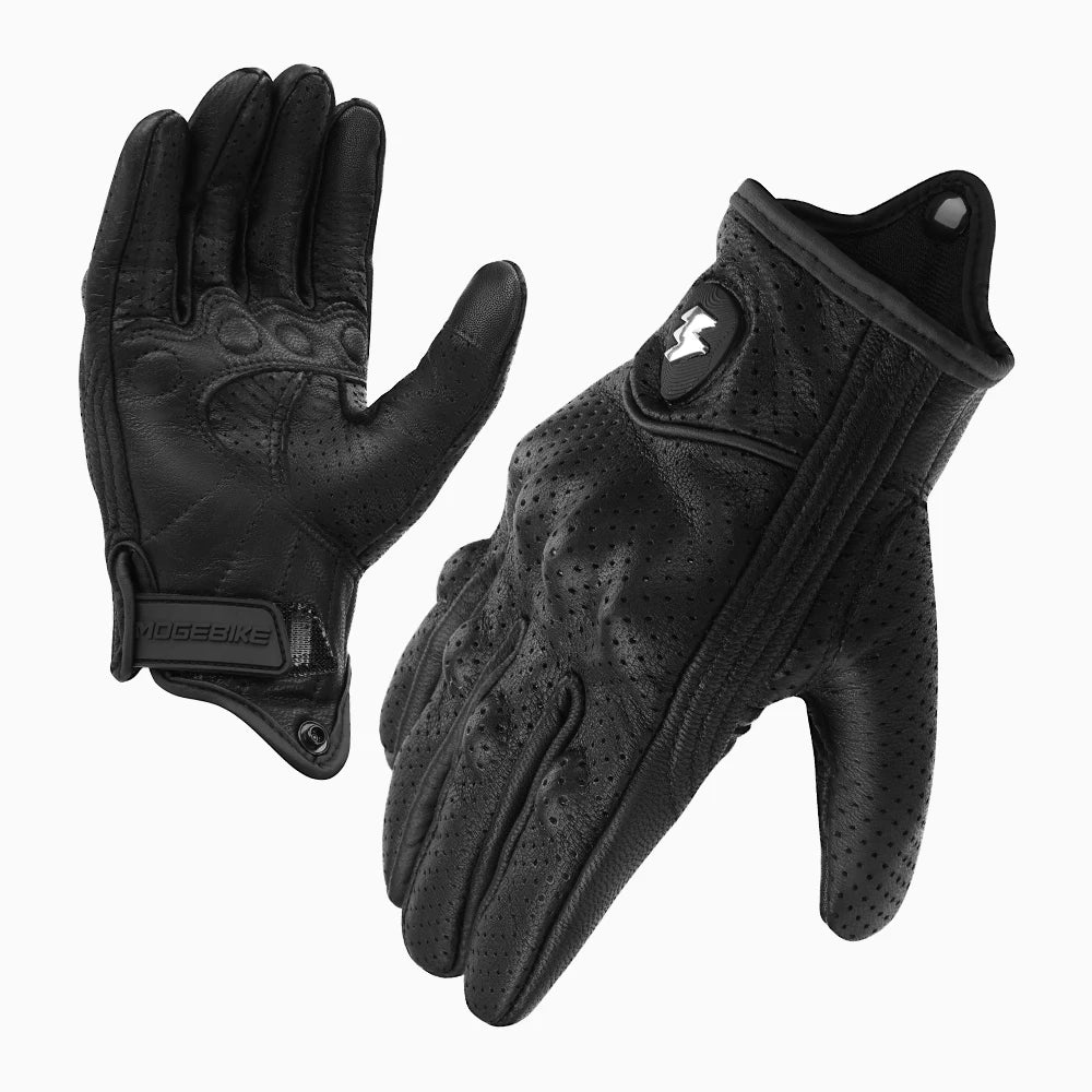 A pair of black motorcycle and cycling leather gloves shown against a white background.