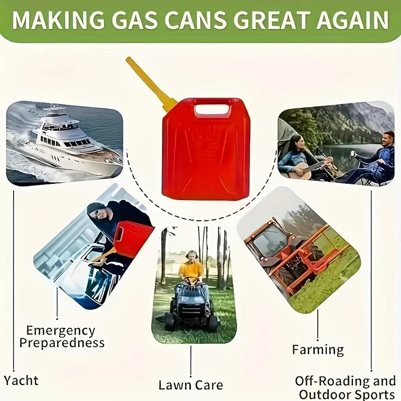 A red gas can spout replacement nozzle adapter is shown with various uses including yachting, lawn care, and farming.