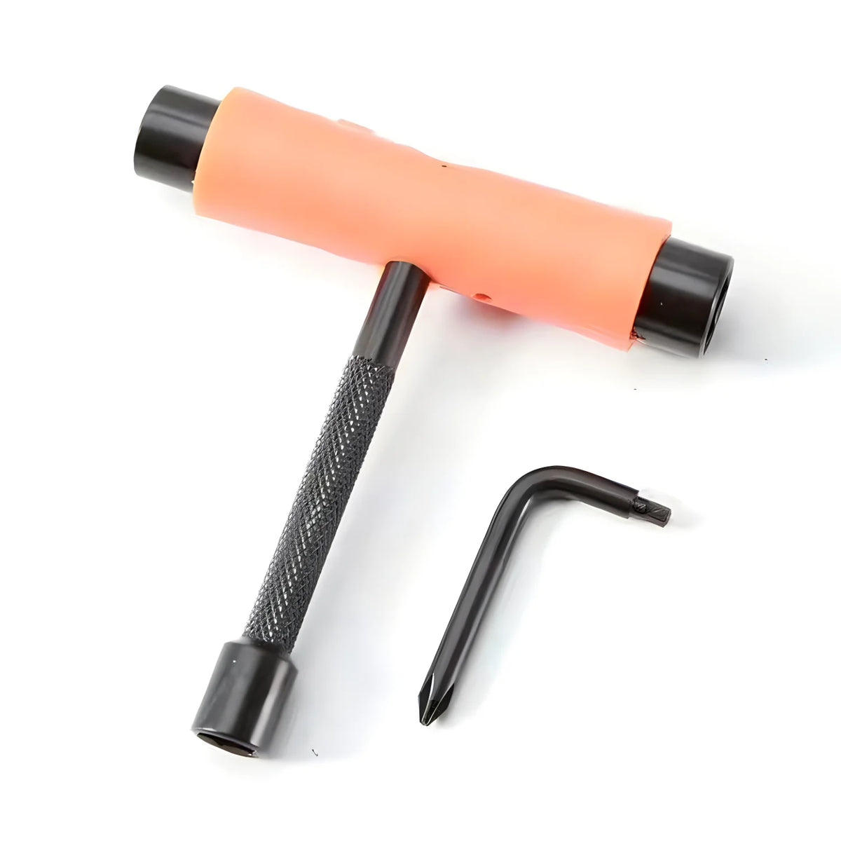 An orange and black multi-tool set for skateboards and boards, showing the main body and a separate tool.