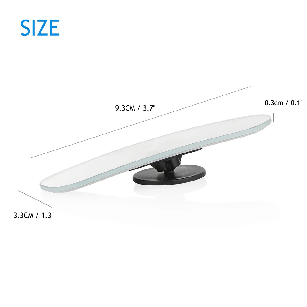 A white, convex angle car mirror with a black base shown from the side.