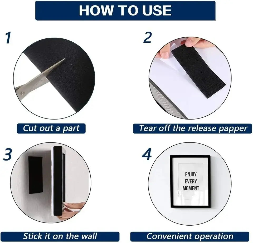Four steps showing how to use self-adhesive hook and loop tape strips for organization