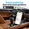 A smartphone displaying real-time route guidance is placed in a car dashboard, next to a GPS tracker device.
