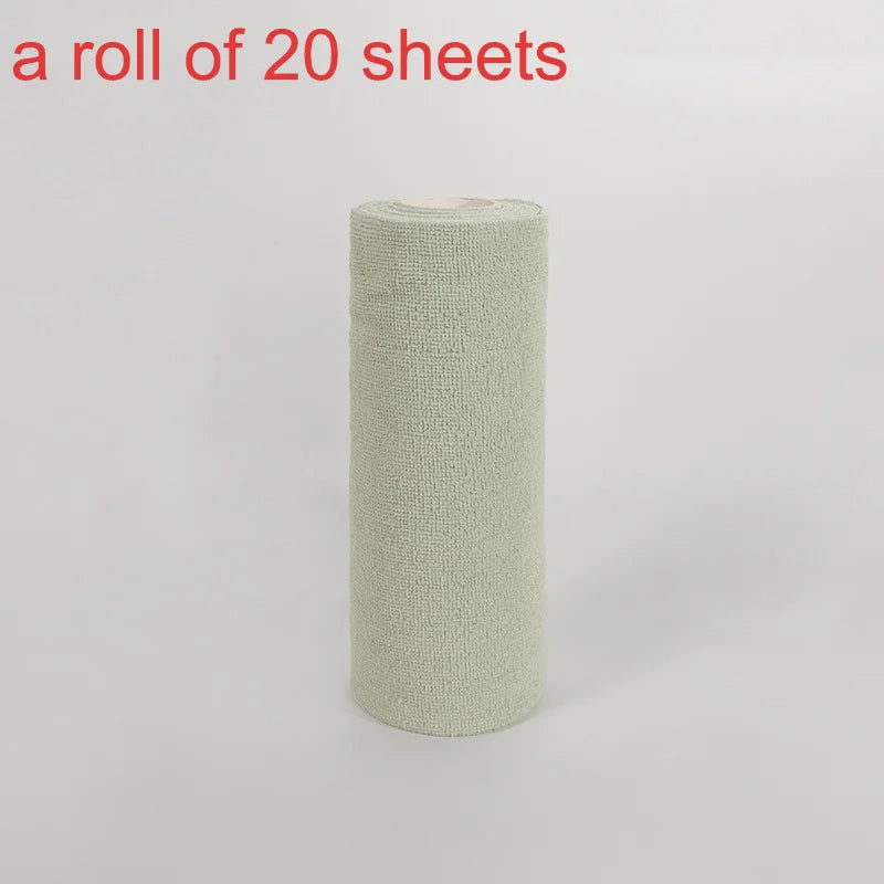 A roll of light green reusable microfiber cleaning towels.