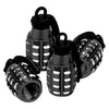 A set of four black aluminum tire valve caps with protective mesh covers.