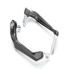A close-up view of a black motorcycle hand guard and lever protector with silver accents.