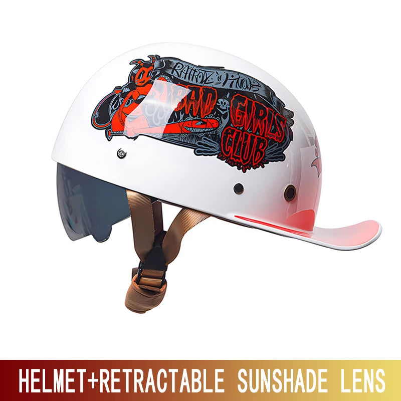 A white half helmet featuring a black graphic design with red and pink accents for cruiser and city riders.