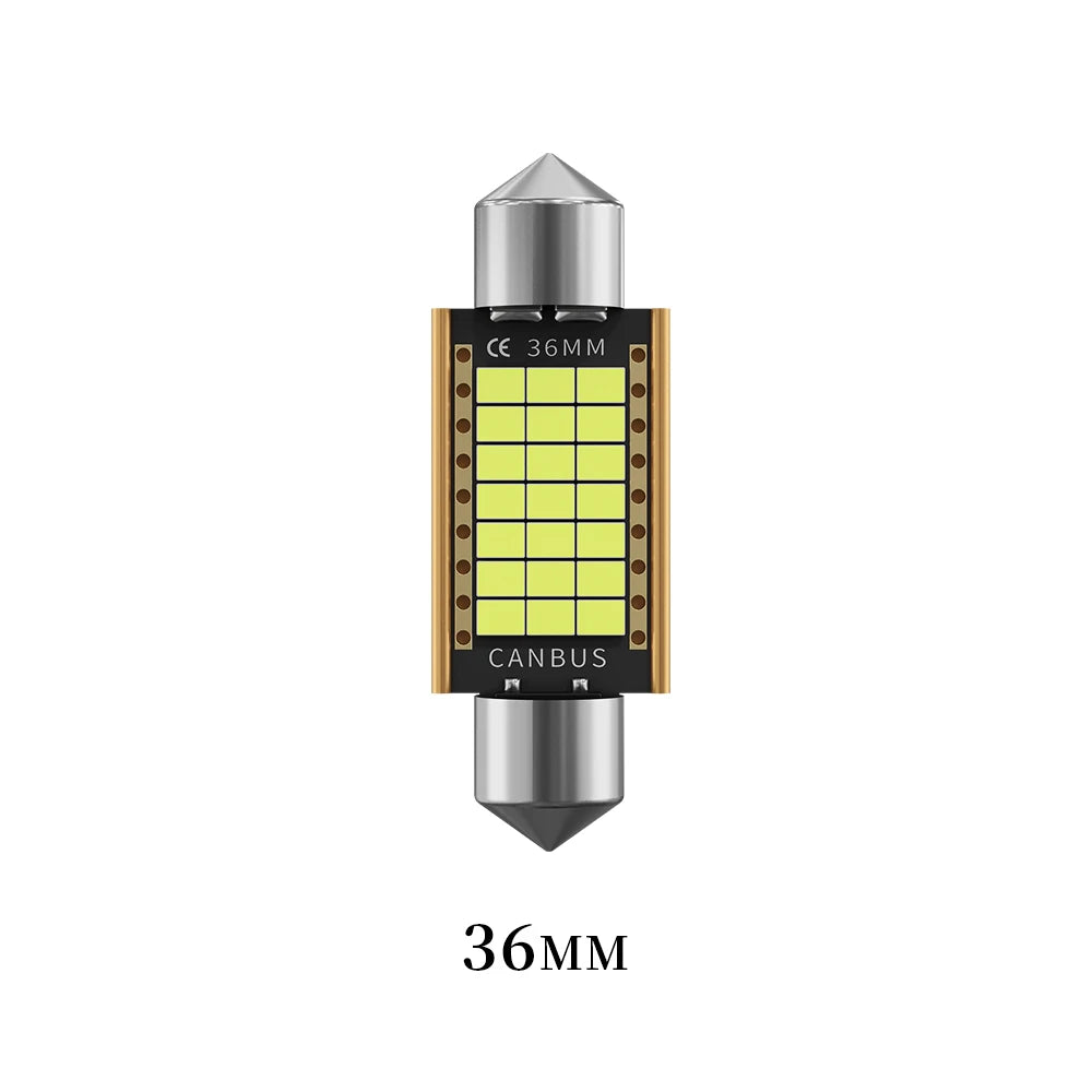 Ampoule festoon LED canbus argentée de 36mm avec motif lumineux jaune.