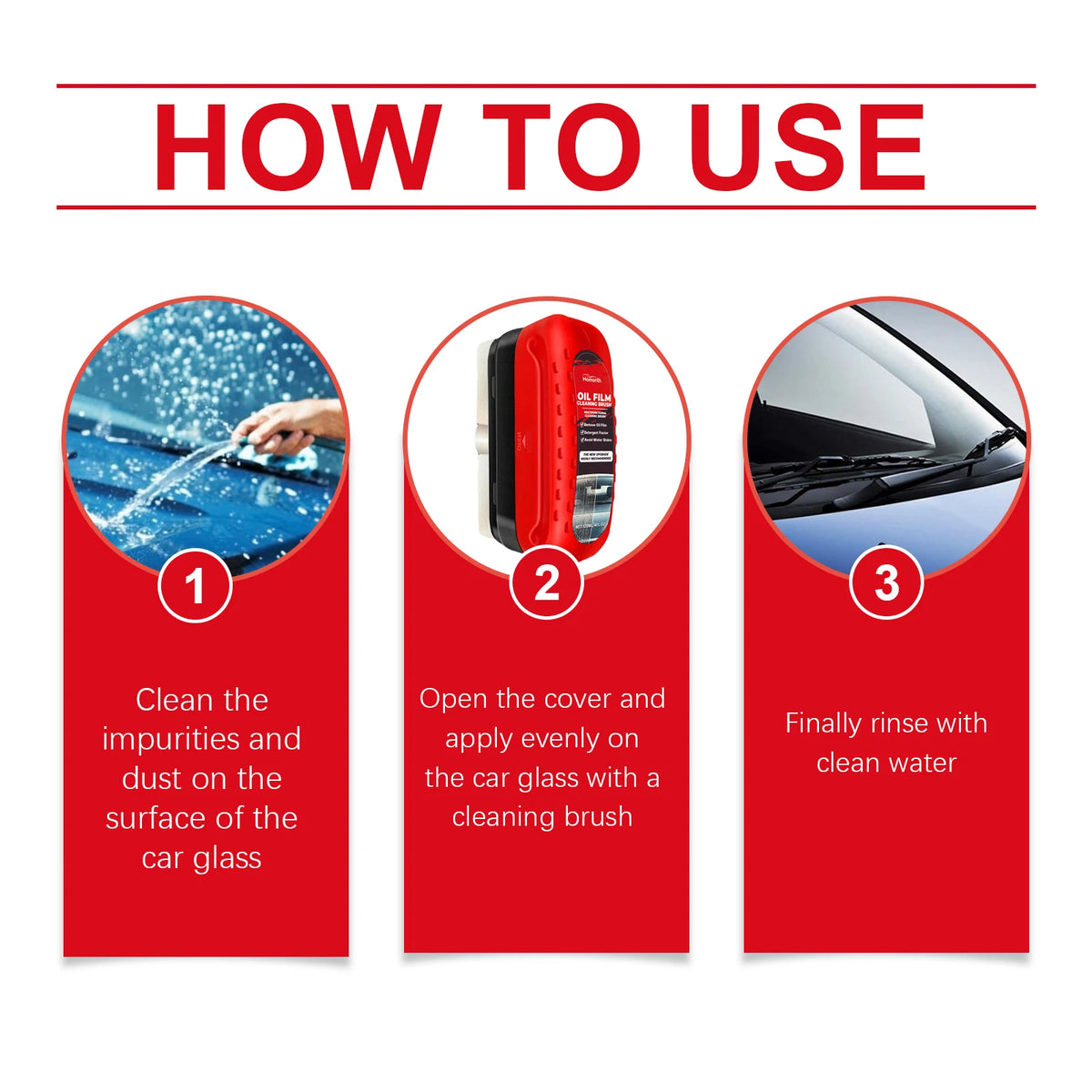 Three steps showing how to use a professional car glass oil film remover brush for cleaning car glass.