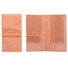 A light peach leather document and ID holder with a silhouette of a car embossed on the cover.