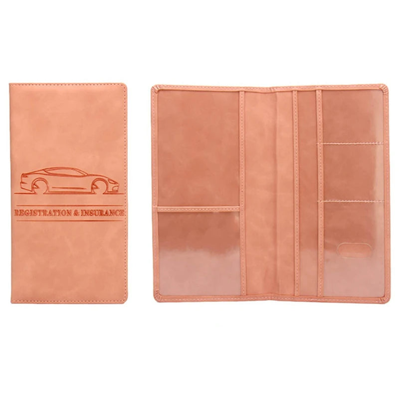 A light peach leather document and ID holder with a silhouette of a car embossed on the cover.