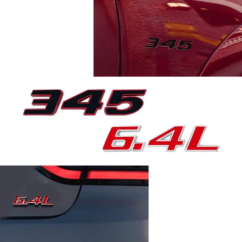 Close-up of a red car fender featuring the 345 6.4L decal and a side view of the engine badge.
