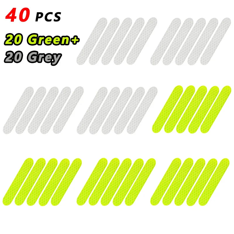 A set of 40 reflective safety stickers and tape, including 20 green and 20 grey.