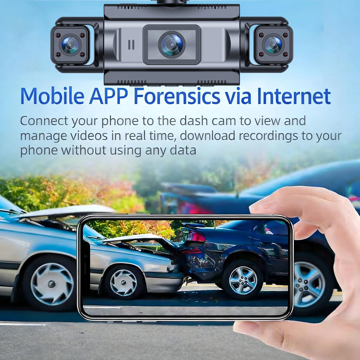 A hand holds a smartphone displaying a live feed from a dash camera recording a car.