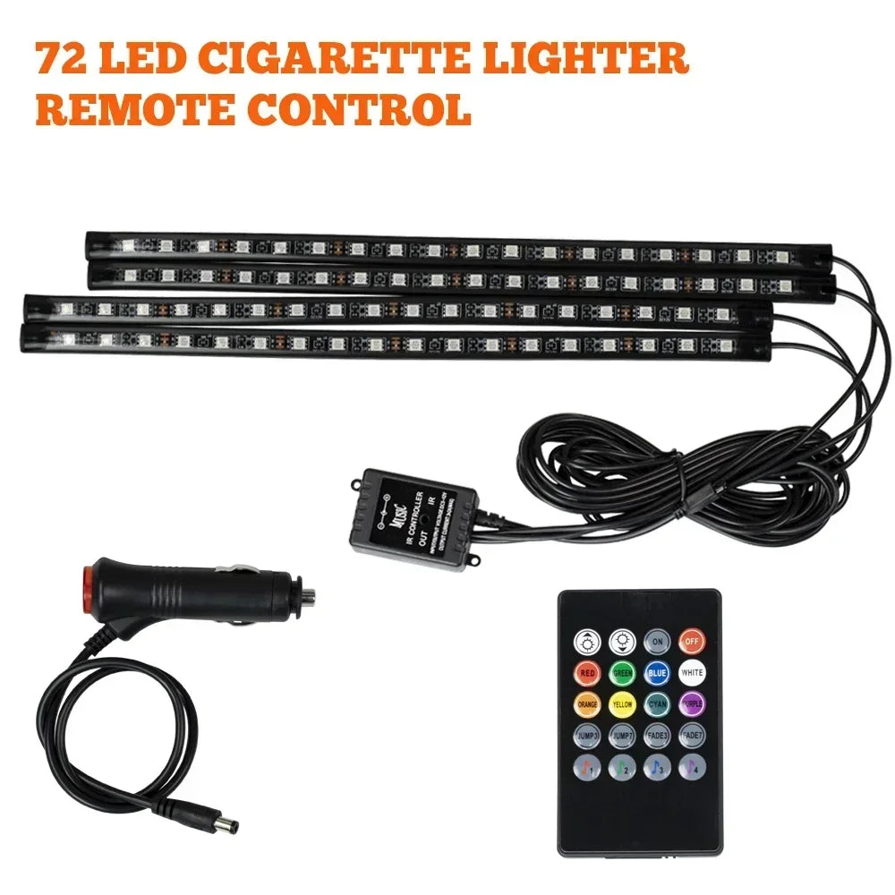 A remote control for a 72 LED cigarette lighter remote control featuring multiple light strips and a handheld controller.
