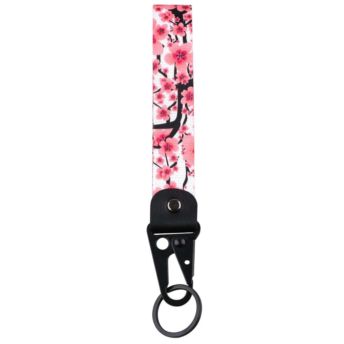 Pink cherry blossom patterned double-sided phone wrist strap lanyard with a black clip and keyring