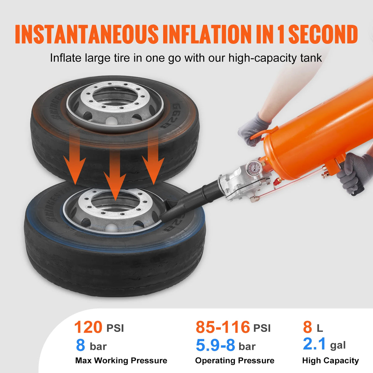 A hand is using an orange professional handheld tire inflator to inflate a large tire.