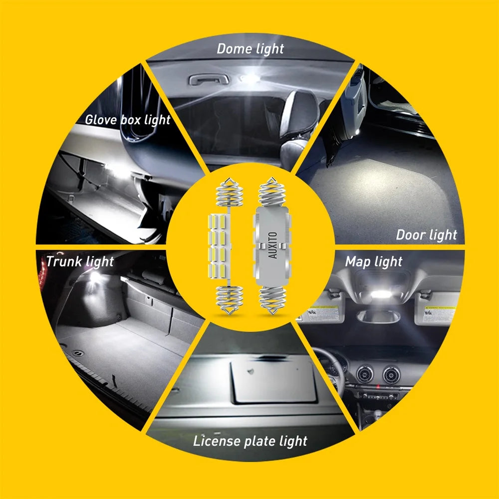 Diagramm verschiedener Innen- und Außenbeleuchtung im Auto, wie Dome-, Handschachtel- und Türleuchten