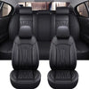 Black premium PU leather car seat covers shown in a row inside a vehicle cabin.