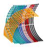 A fan-like arrangement of colorful reflective wheel rim strips for motorcycles and cars.