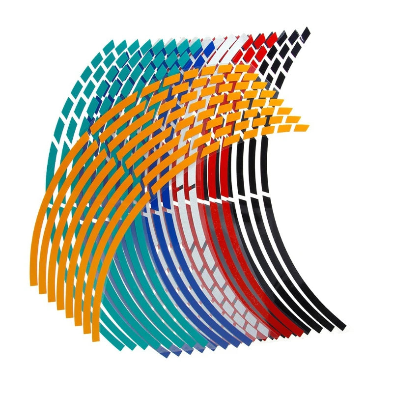 A fan-like arrangement of colorful reflective wheel rim strips for motorcycles and cars.