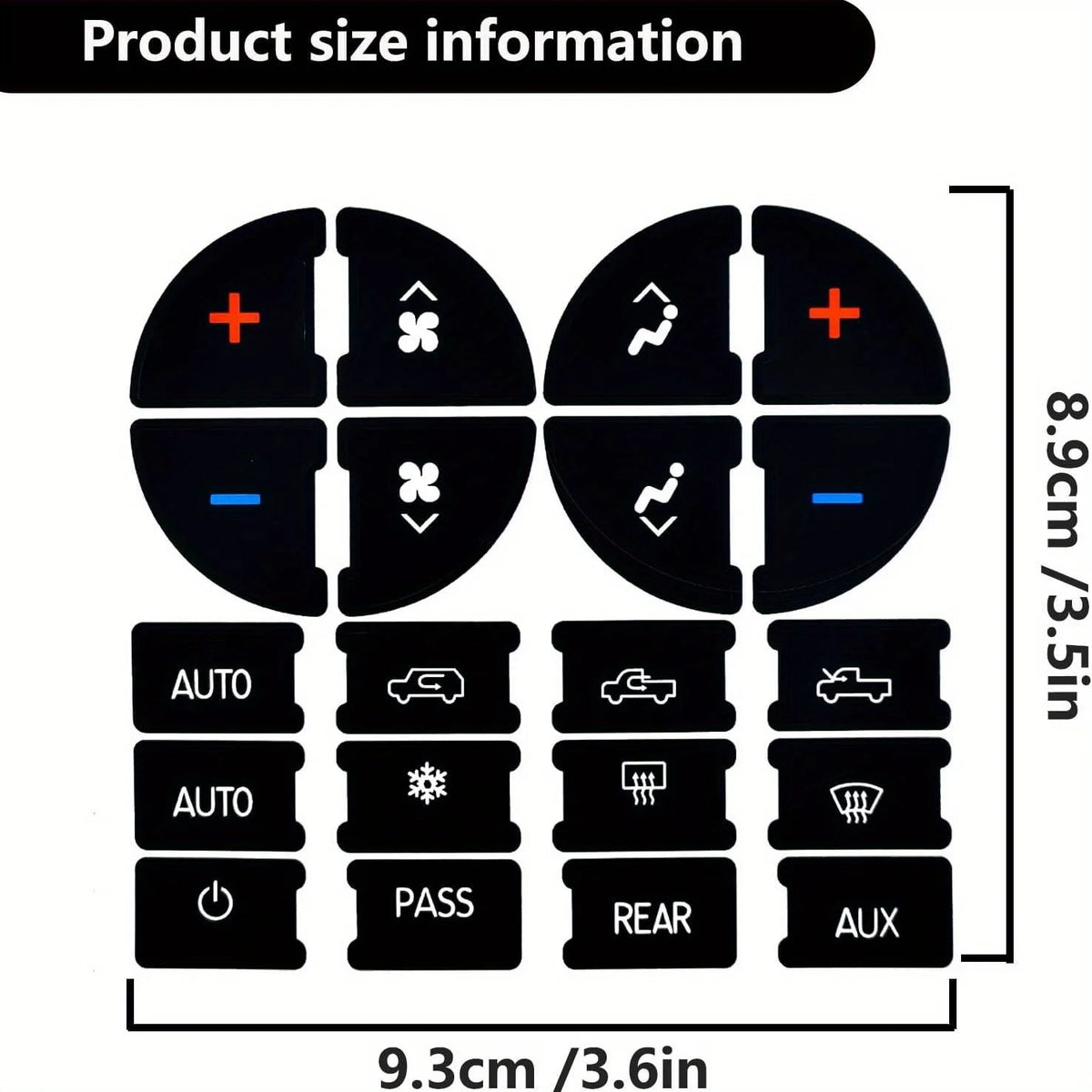 Product size information showing the dimensions of an AC control button decal repair kit.