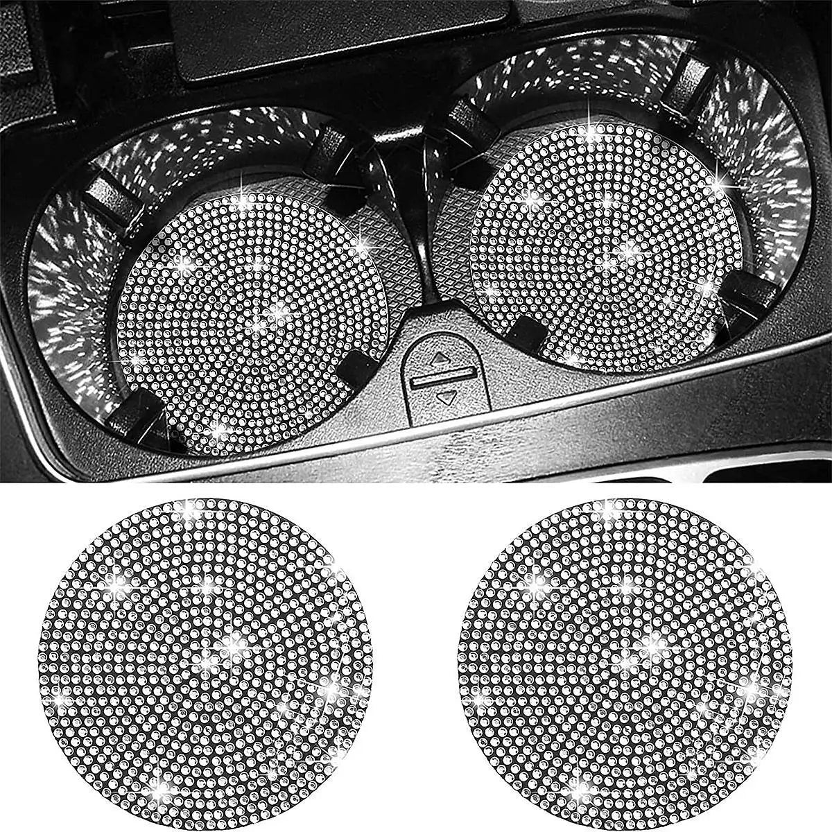 Two round imitation diamond car cup coasters with a textured surface.