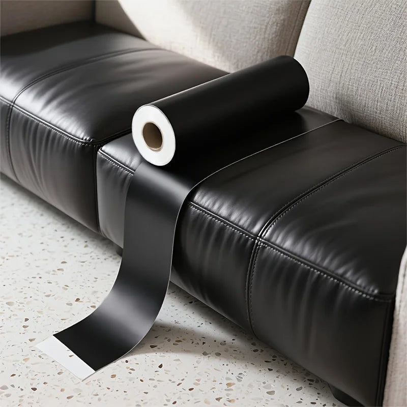 A roll of black self-adhesive PU leather repair patches is placed on a black leather seat cushion.