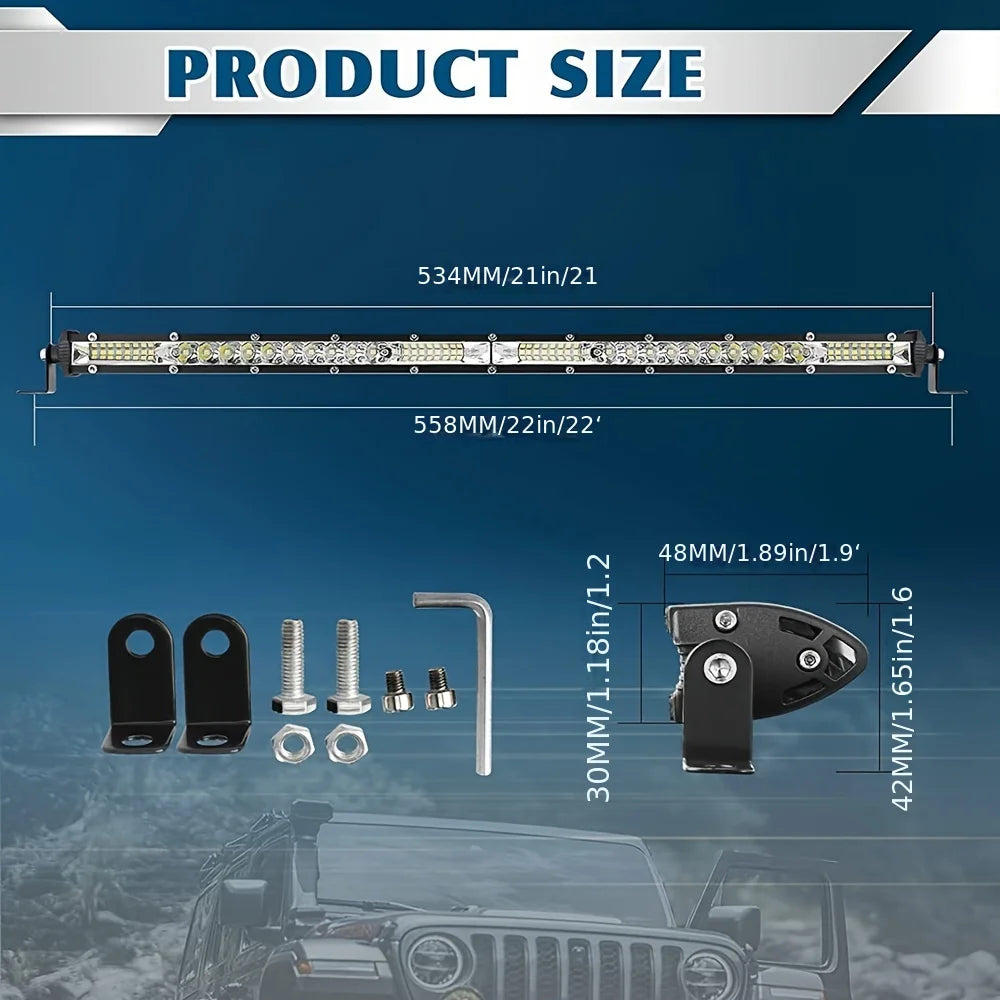 An ultra bright LED light bar is shown with various mounting brackets and components for off-road vehicles.